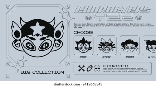 Retro cartoon character in Y2K style. futuristic geometric frame. Cyber girls with stars for 90s design. Collection of vector funky rave objects	