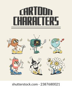 retro cartoon characters, collection of funny cartoons, vector illustration