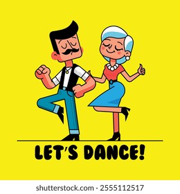 Retro cartoon characters dacing, mid century style couple, vector
