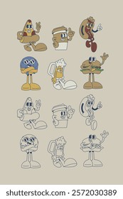 retro cartoon characters of fast food, vector illustration 