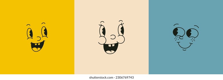 Retro Cartoon Characters Funny Faces in 30s Mascot Style. Vector Old Illustration Part Of Face - Eyes, Nose and Mouths. Vintage Comic Caricature for creator Logos and Branding