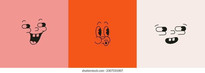 Retro Cartoon Characters Funny Faces in 30s, 50s Mascot Style. Vector Old Illustration Part Of Face - Eyes, Nose and Mouth. Vintage Comic Caricature for Character Creation