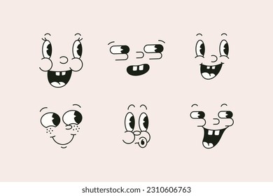 Retro Cartoon Characters Funny Faces in 30s, 50s Mascot Style. Vector Old Illustration Part Of Face - Eyes, Nose and Mouth. Vintage Comic Caricature for Character Creation Isolated on white Background