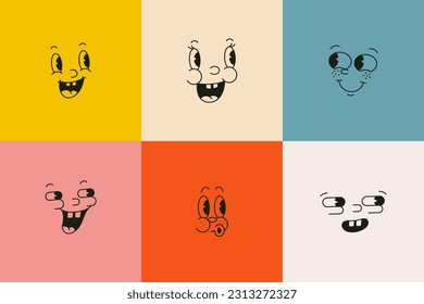 Retro Cartoon Characters Funny Faces in 30s, 50s Mascot Style. Vector Isolated Illustration Part Of Face - Eyes, Nose and Mouth. Vintage Comic Caricature for Character Creation