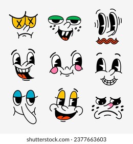 Retro cartoon characters funny faces. Groovy vintage 30s 60s 70s smiley mascots with various emotions