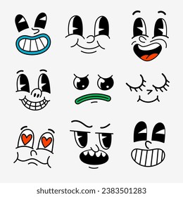 Retro cartoon characters funny faces. Groovy vintage 30s 60s 70s smiley mascots with various emotions