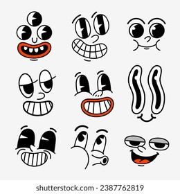 Retro cartoon characters funny faces. Groovy vintage 30s 60s 70s smiley faces mascots with various emotions