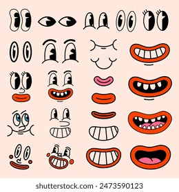 Retro cartoon characters funny faces. Vintage 50s, 60s comic eyes and mouths elements. Smiley vector faces with funny emotions.