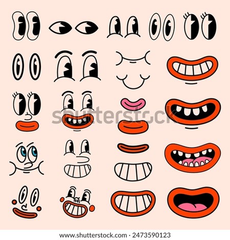 Retro cartoon characters funny faces. Vintage 50s, 60s comic eyes and mouths elements. Smiley vector faces with funny emotions.