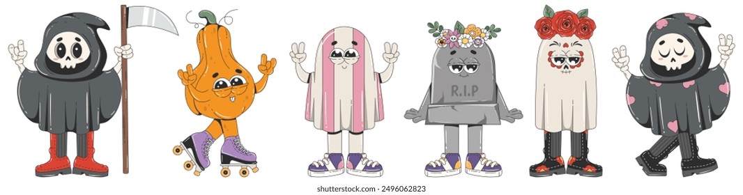 Retro cartoon characters in groovy style. Halloween mascots. Pumpkin, ghost, death, gravestone. Vector illustration 60s, 70s.