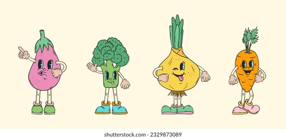 Personajes de dibujos animados retro. Conjunto vectorial de verduras gruesas. Personajes de dibujos animados de berenjena, brócoli, cebolla y zanahoria. Clipart hippie groovy de los años 70. El garabato de los 60 es funky y psicodélico. Conjunto de stickers de dibujos retro.