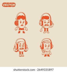 Retro Cartoon Characters with Headphones Vector Illustration Set