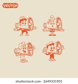 Retro Cartoon Characters with Megaphones Vintage Illustration Set
