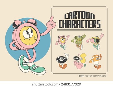 retro cartoon characters, a set of groovy cartoon characters, vector illustration