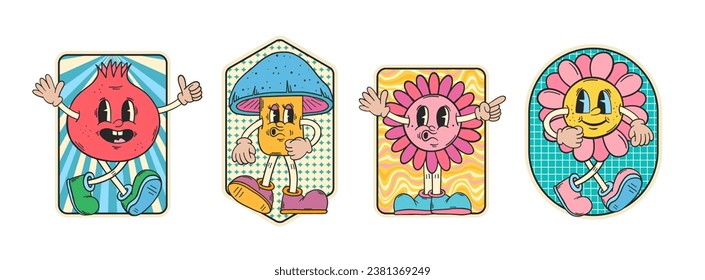 Personajes de dibujos animados retro. champiñón, flor. Colección de stickers retro. Insignias de parche hippie. Arte de animación vintage. Doodles Groovy. Nostalgia de los años 60 y 70.