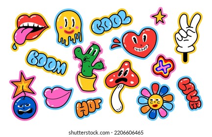 Personajes de dibujos animados retro conjuntos de stickers con fondo blanco. Ilustración de material vectorial.