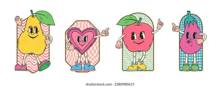 Retro cartoon characters set. Retro stickers collection. Apple, eggplant. Hippie patch badges. Vintage animation art. Groovy doodles. 60s and 70s nostalgia.