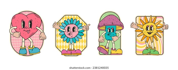 Retro cartoon characters set. Retro stickers collection. Sun, flower, heart. Hippie patch badges. Vintage animation art. Groovy doodles. 60s and 70s nostalgia.