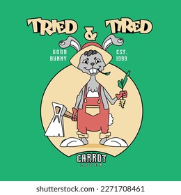 Retro cartoon characters. Sticker pack, posters, prints. Vector illustration of rabbit and words. Flat illustration