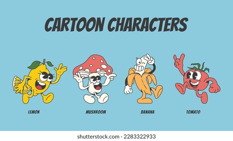 retro cartoon characters in trendy style with a fruits theme, mascot character, vector illustration