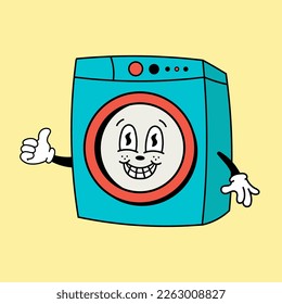 Retro cartoon characters washing machine with funny face. Vintage appliances 30s, 40s, 50s, 60s comic style. With arms, hands, emotions. Old animation style. Yellow background.