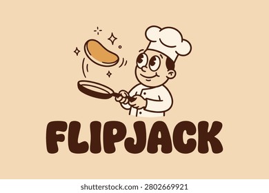 Retro cartoon chef flipping pancake mascot logo for breakfast restaurant branding