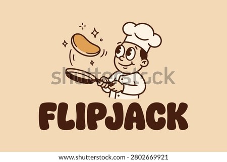 Retro cartoon chef flipping pancake mascot logo for breakfast restaurant branding
