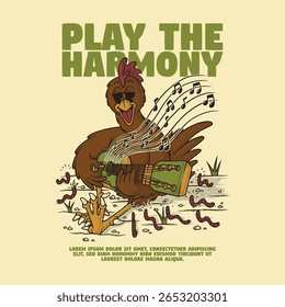 retro cartoon chicken mascot playing acoustic guitar in front of worms