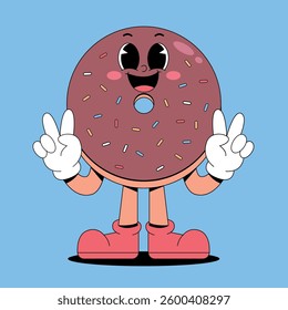 Retro cartoon chocolate donut mascot