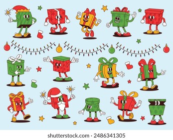 Retro cartoon Christmas gift mascots. Groovy gift box characters for winter holidays, festive xmas presents and Santa Claus gifts vector illustration set.