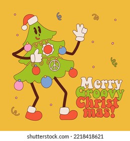 Retro cartoon Christmas tree character in trendy vintage 60s hippie style. Merry Groovy Christmas lettering text for party invitation, Groovy Christmas poster, greeting card. Vector hand drawn