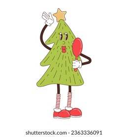 Retro cartoon Christmas tree character. Merry Christmas and Happy New year in trendy groovy hippie style.