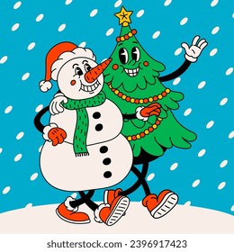 Retro cartoon Christmas tree and snowman Groovy vintage 70s funny Christmas tree and snowman characters walking arm in arm and waving.