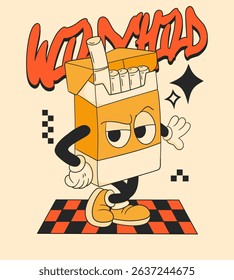 Retro Cartoon Cigarette Pack Mascot. Vintage Motivational Poster with Wild Child Quote for T-Shirt or Wall Art