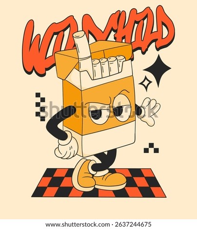 Retro Cartoon Cigarette Pack Mascot. Vintage Motivational Poster with Wild Child Quote for T-Shirt or Wall Art