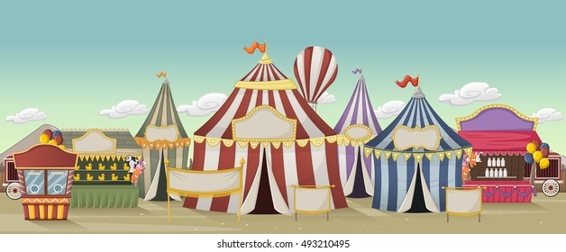 Retro cartoon circus with tents. Vintage carnival background.
