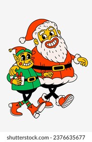 Retro cartoon Claus and Christmas Elf. Groovy vintage 70s funny Santa and Elf characters walking arm in arm