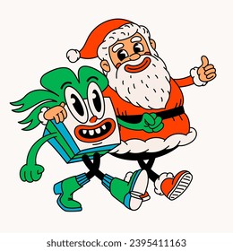 Retro cartoon Claus and Christmas gift. Groovy vintage 70s funny Santa and present characters walking arm in arm