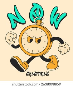 Retro Cartoon Clock Mascot. Vintage Motivational Poster with Now or Nothing Quote for T-Shirt or Wall Art