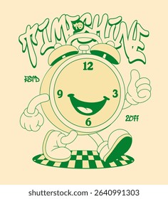 Retro Cartoon Clock Vintage Character. Vintage Motivational Poster with Time to Shine Text for T-Shirt or Wall Art