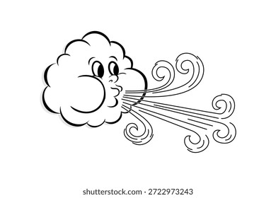 Nuvem de desenho animado retrô soprando vento.  Ilustração de vento soprando. Ícone de doodle de fluxo de ar.