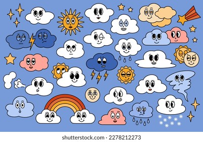 Retro cartoon clouds, sun, moon, rainbow, star character with different emotion. Groovy sticker pack. Vector illustration