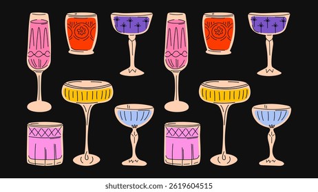 Retro cartoon cocktails — hand-drawn summer drinks in funky glasses, goblets, tumblers, vessels, drinkware, flutes, and cups, all in hippie groovy style