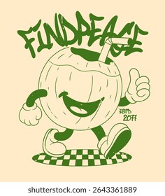 Retro Cartoon Coconut Character. Vintage Motivational Poster with Find Peace Text for T-Shirt or Wall Art