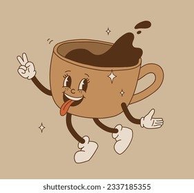 Juego de personajes de la taza de café de dibujos animados. Mascota Mug en diferentes poses. Ilustración vectorial del contorno de groovía de los años 70-80. Café espresso negro.