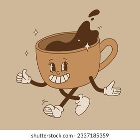 Juego de personajes de la taza de café de dibujos animados. Mascota Mug en diferentes poses. Ilustración vectorial del contorno de groovía de los años 70-80. Café espresso negro.