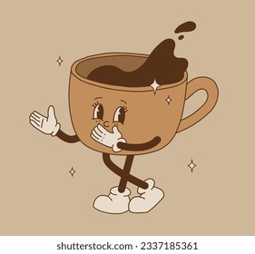 Juego de personajes de la taza de café de dibujos animados. Mascota Mug en diferentes poses. Ilustración vectorial del contorno de groovía de los años 70-80. Café espresso negro.