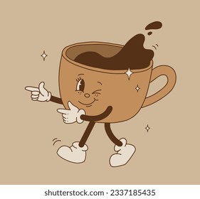 Juego de personajes de la taza de café de dibujos animados. Mascota Mug en diferentes poses. Ilustración vectorial del contorno de groovía de los años 70-80. Café espresso negro.