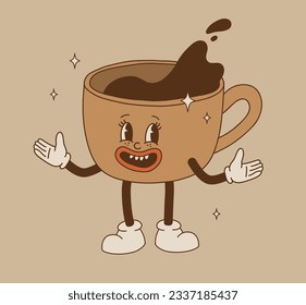 Retro cartoon coffee cup character set. Mug mascot in different poses. 70s-80s groovy contour vector illustration. Espresso black coffee cup.