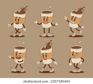 Retro cartoon coffee cup character set. Mug mascot in different poses. 70s-80s groovy contour vector illustration. Espresso black coffee cup.